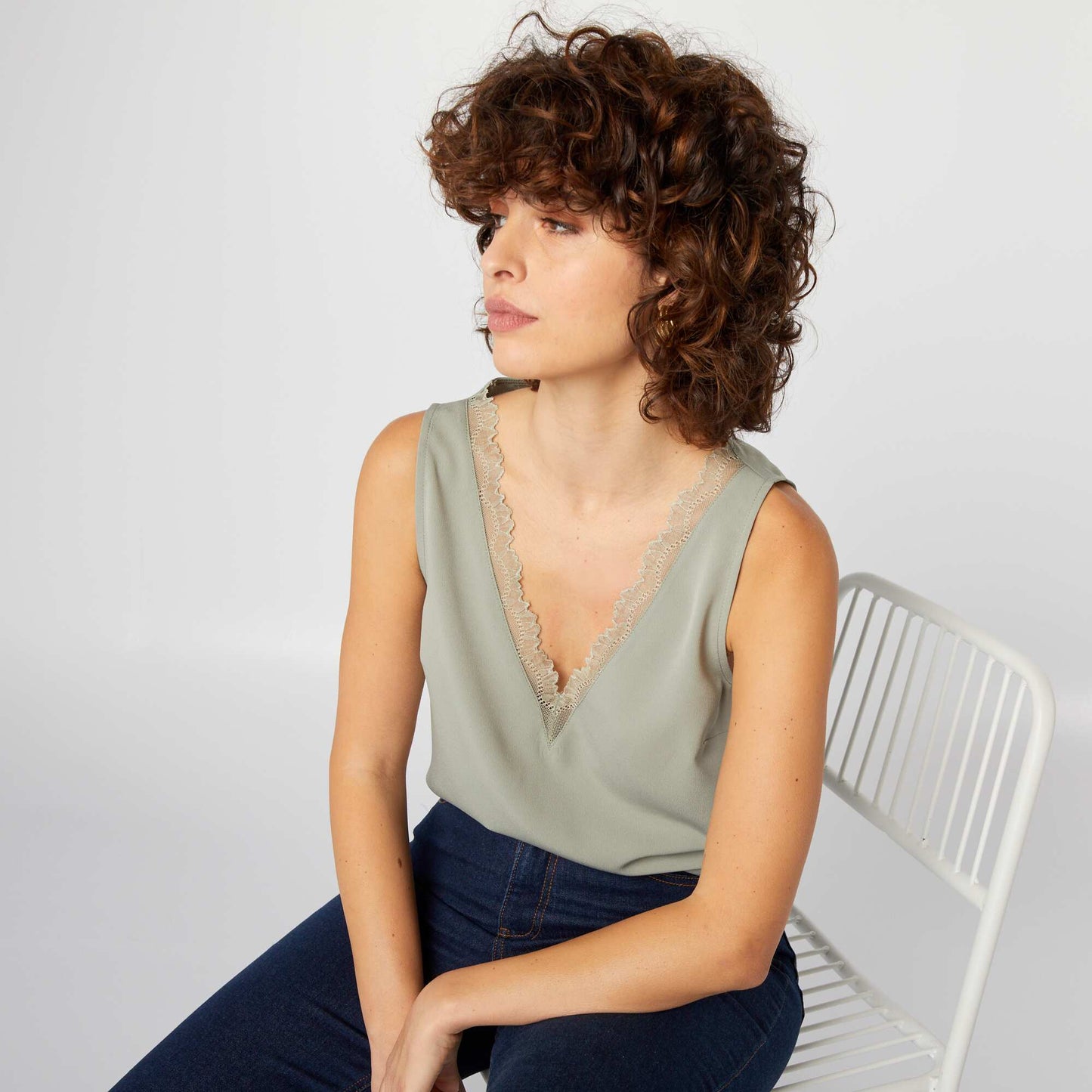 Blusa sin mangas con cuello de encaje VERDE