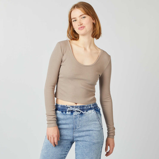 Camiseta canalé crop top BEIGE
