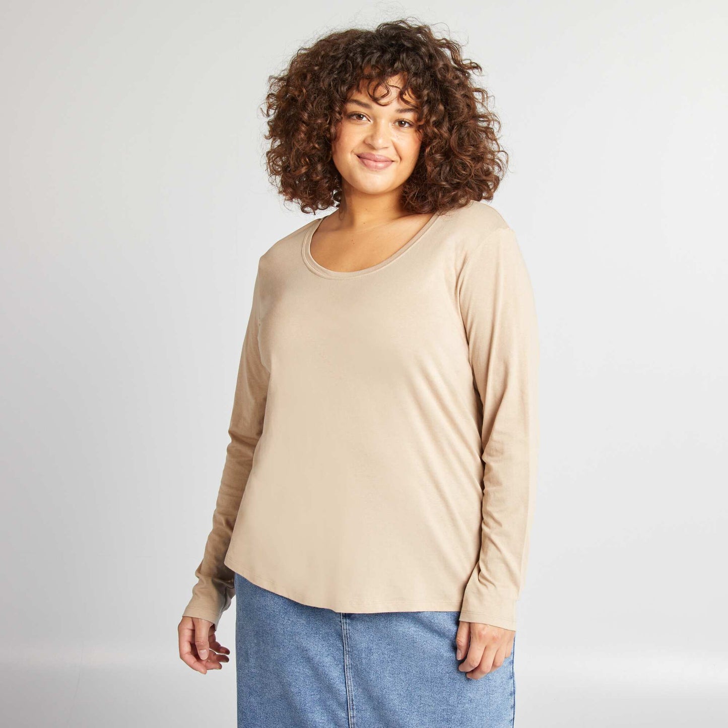Camiseta de manga larga lisa de punto BEIGE