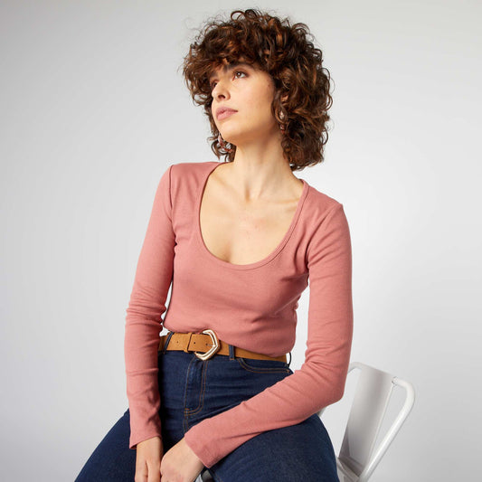 Camiseta de canalé con cuello redondo ROSA