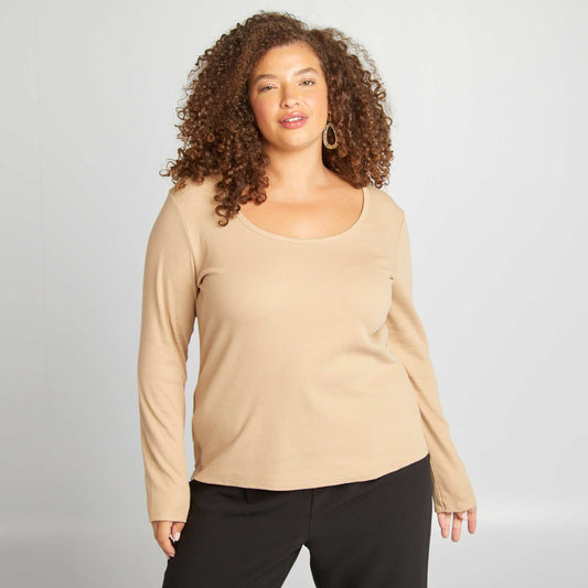 Camiseta lisa de punto de canalé BEIGE