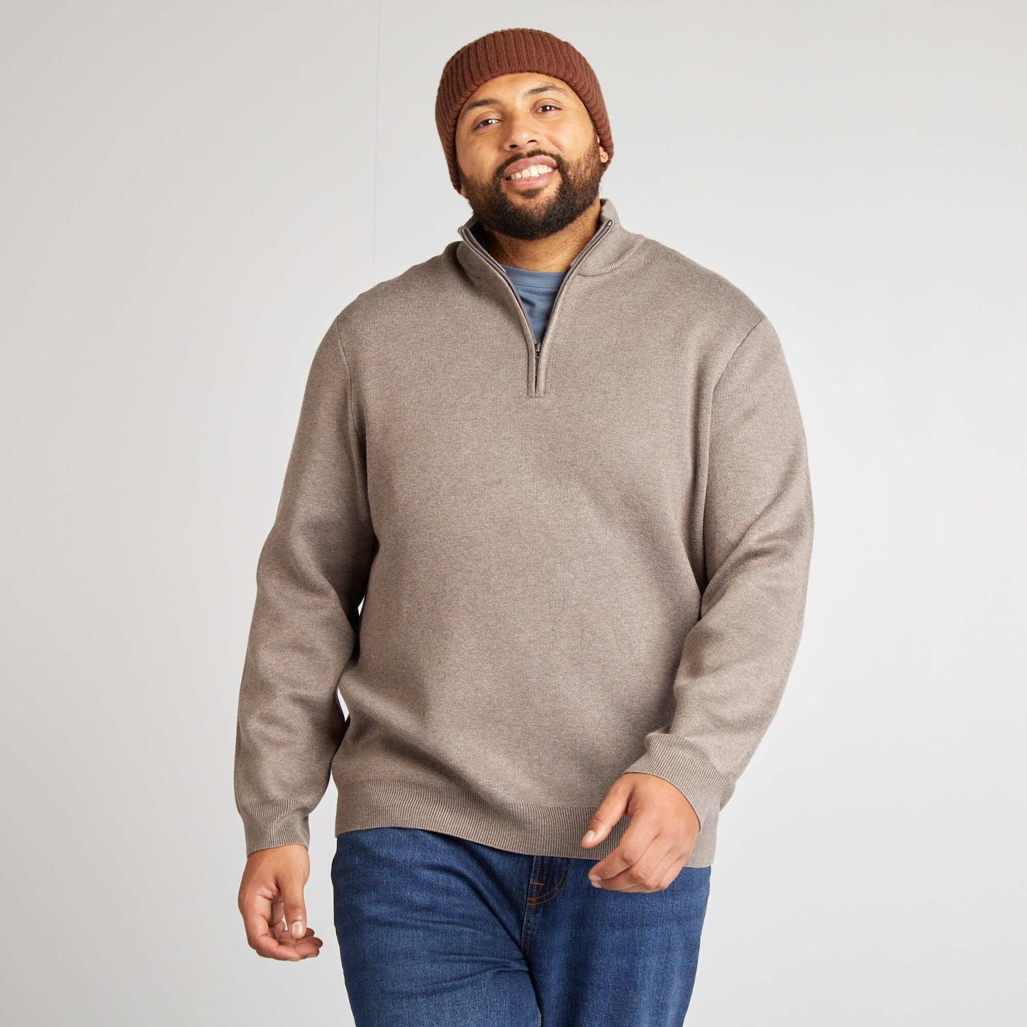 Sweater liso con cremallera en el cuello MARRON