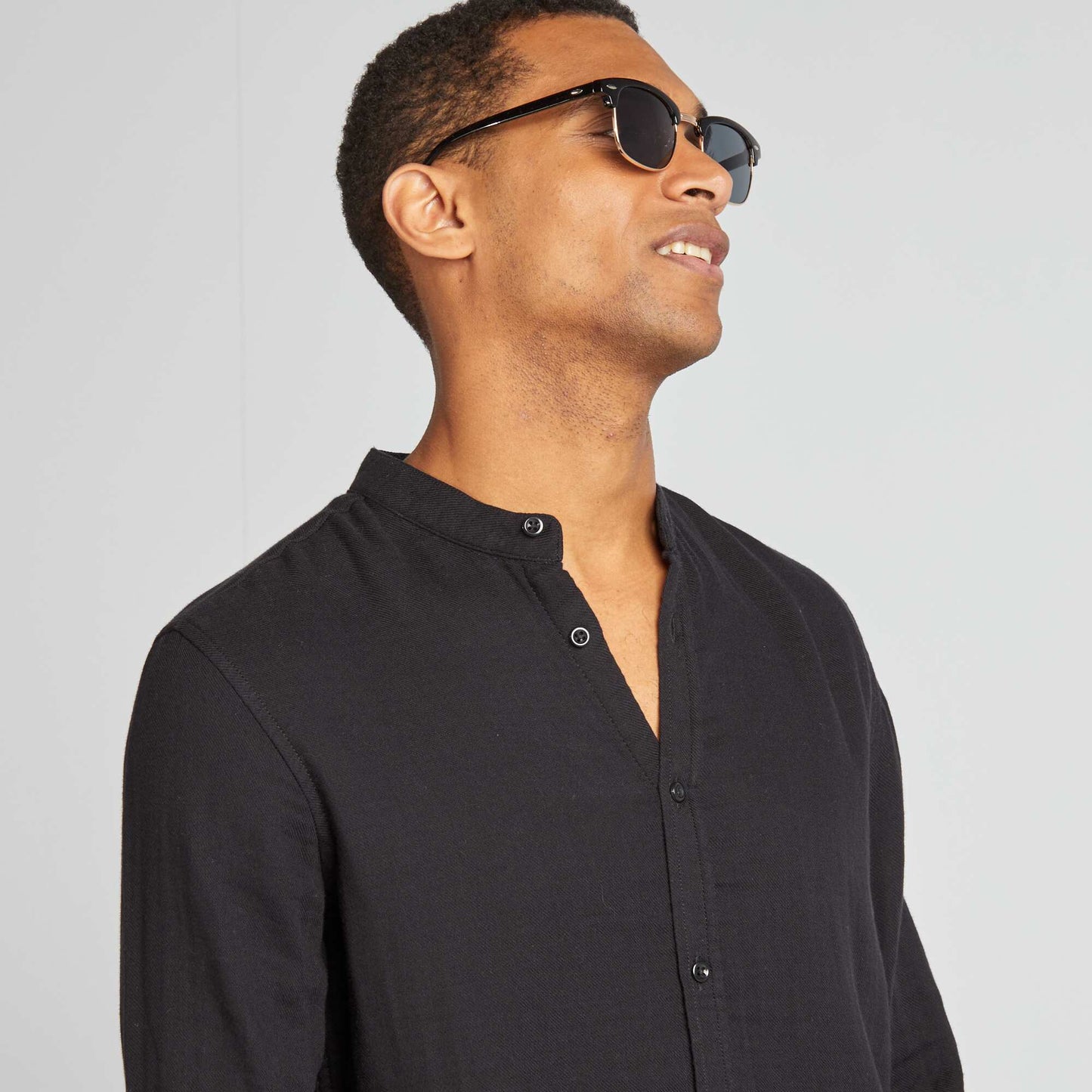 Camisa dobby corte recto con cuello redondo NEGRO