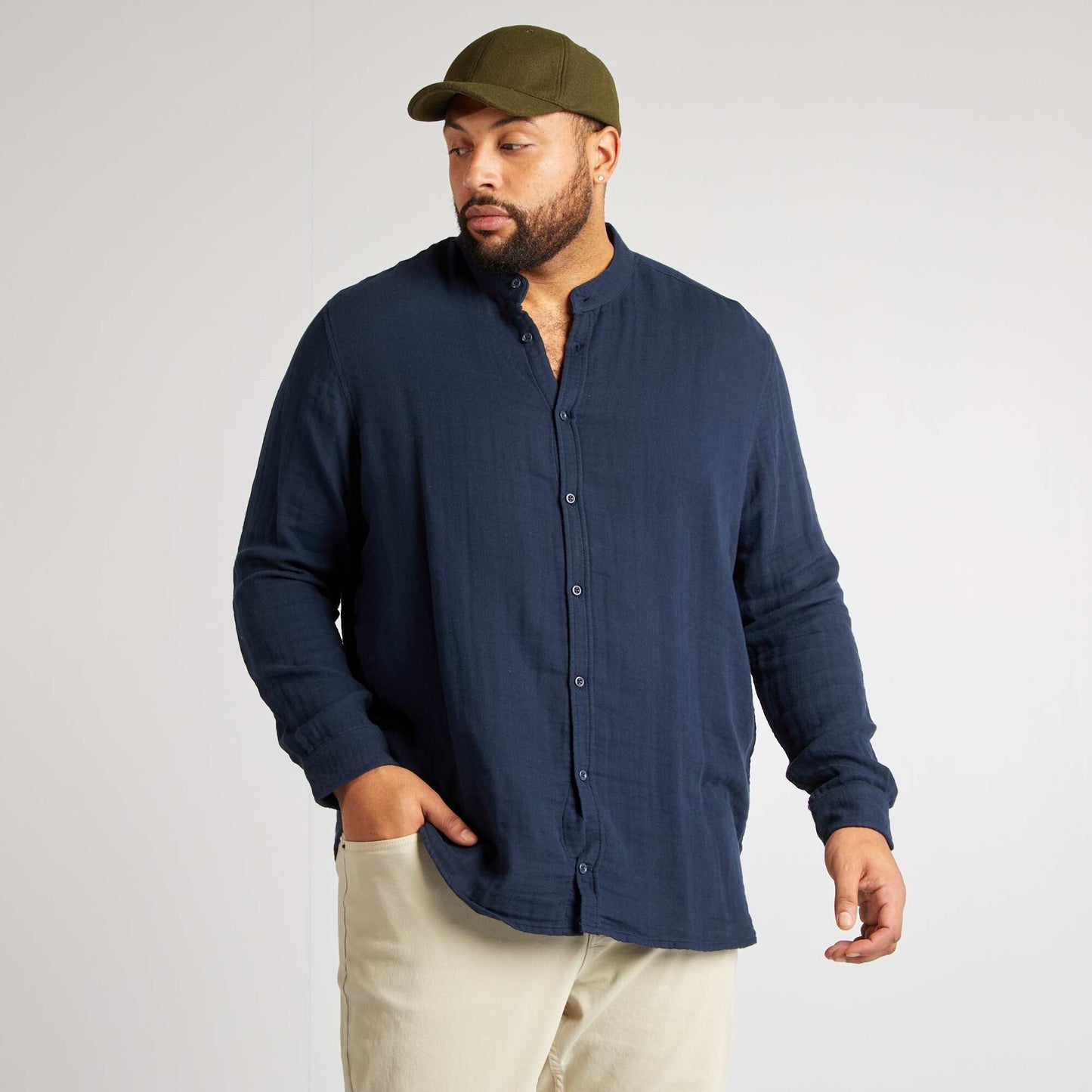 Camisa dobby con cuello mao AZUL