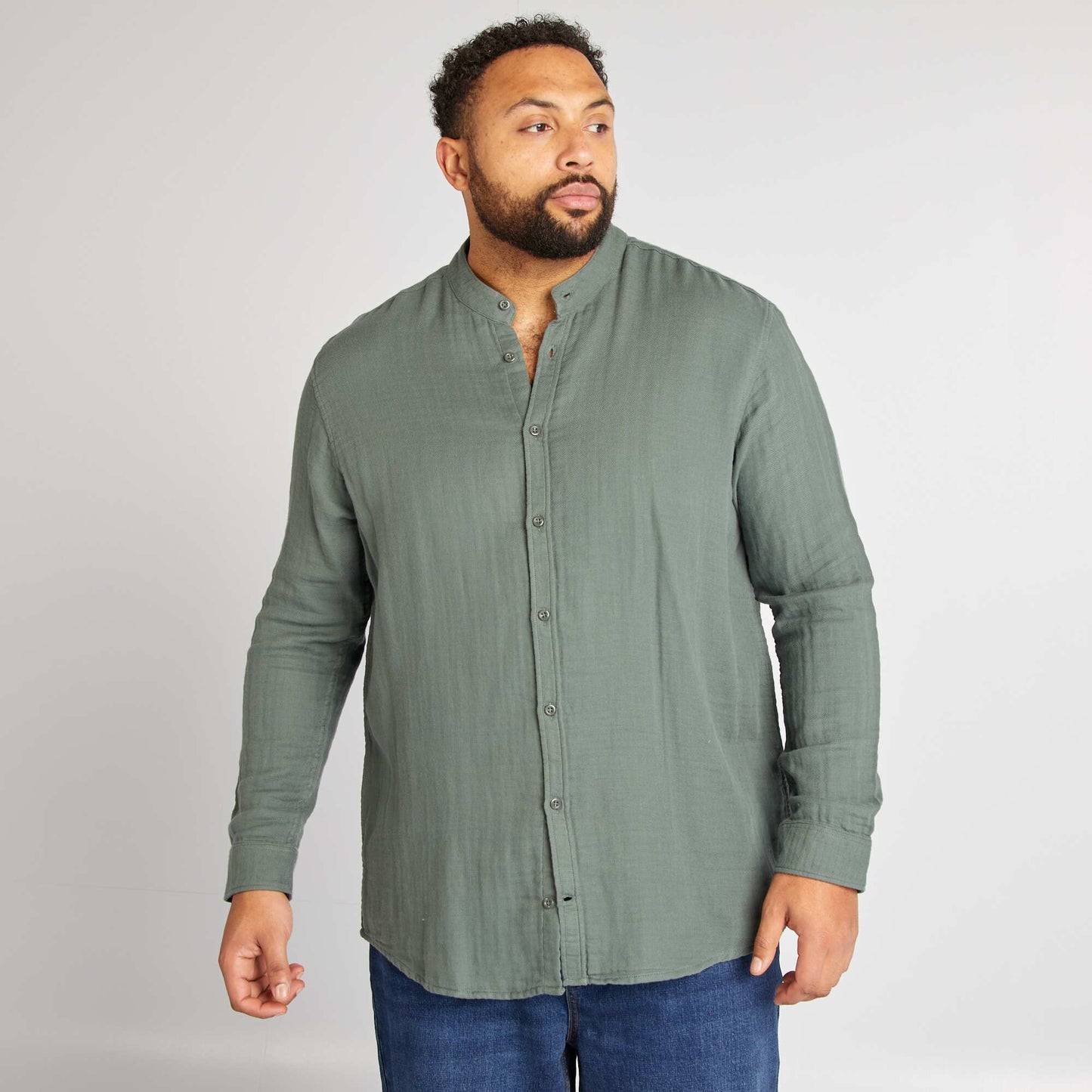 Camisa dobby con cuello mao VERDE