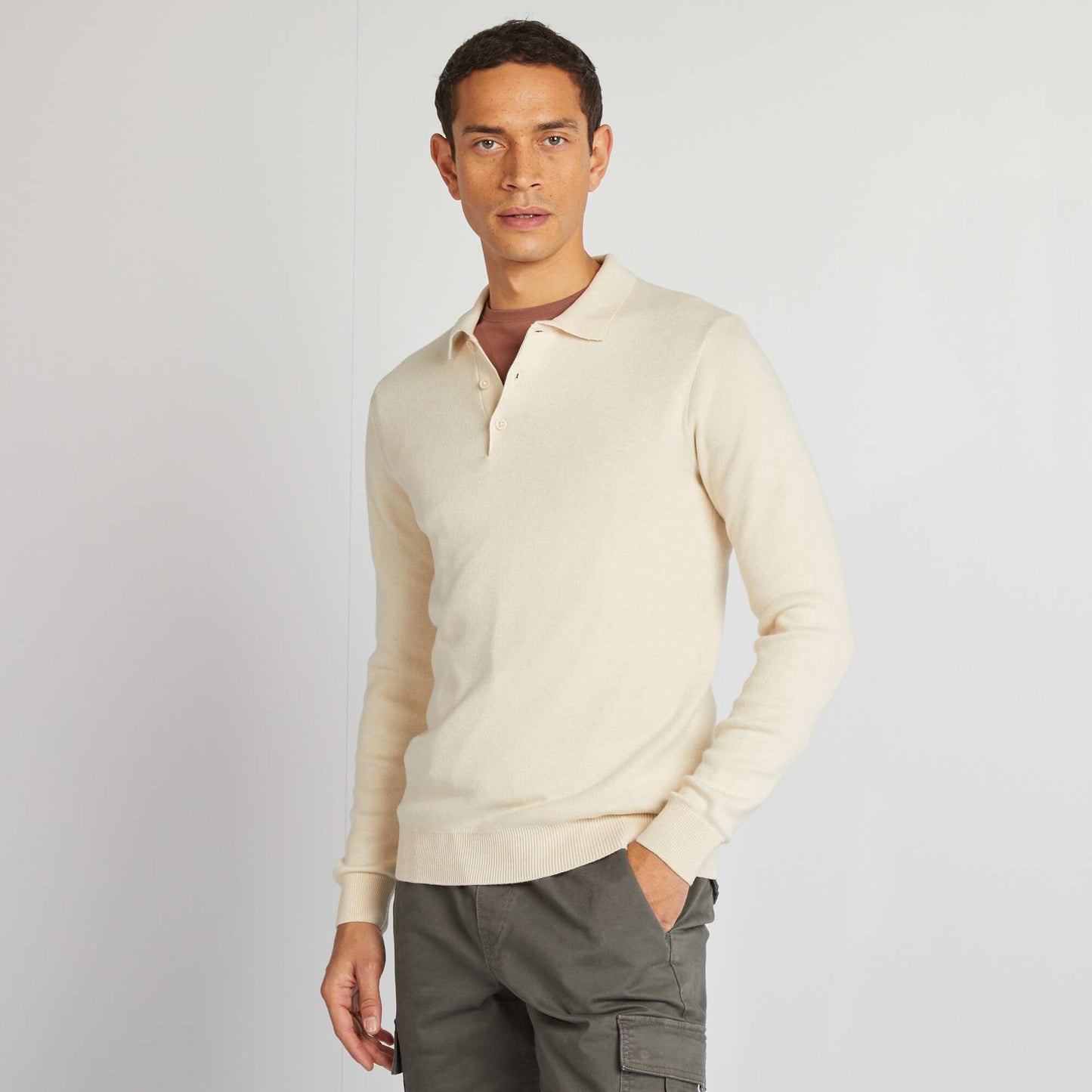 Sweater de punto fino con cuello de remera abotonado BLANCO