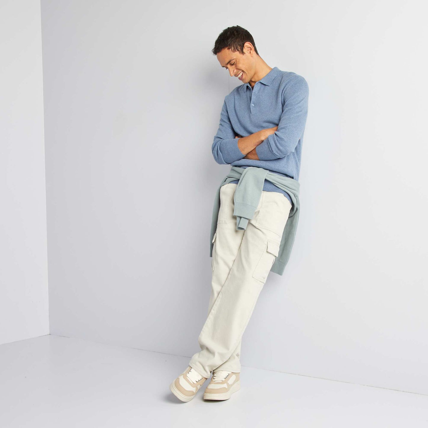 Sweater de punto fino con cuello de remera abotonado AZUL