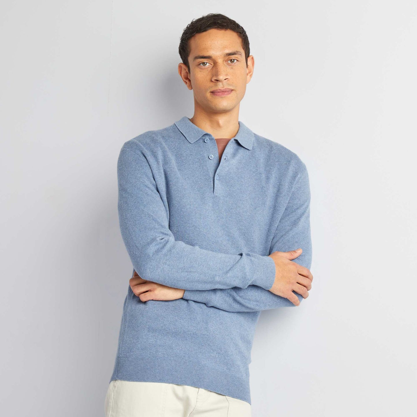 Sweater de punto fino con cuello de remera abotonado AZUL