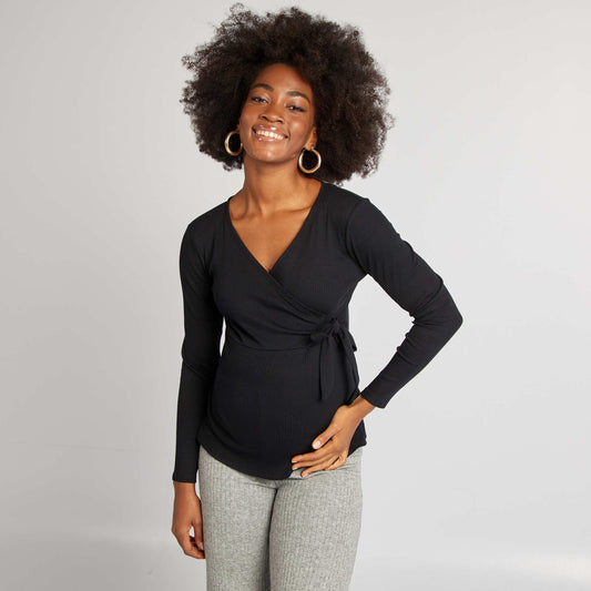 Camiseta de tejido elástico con cuello cruzado NEGRO