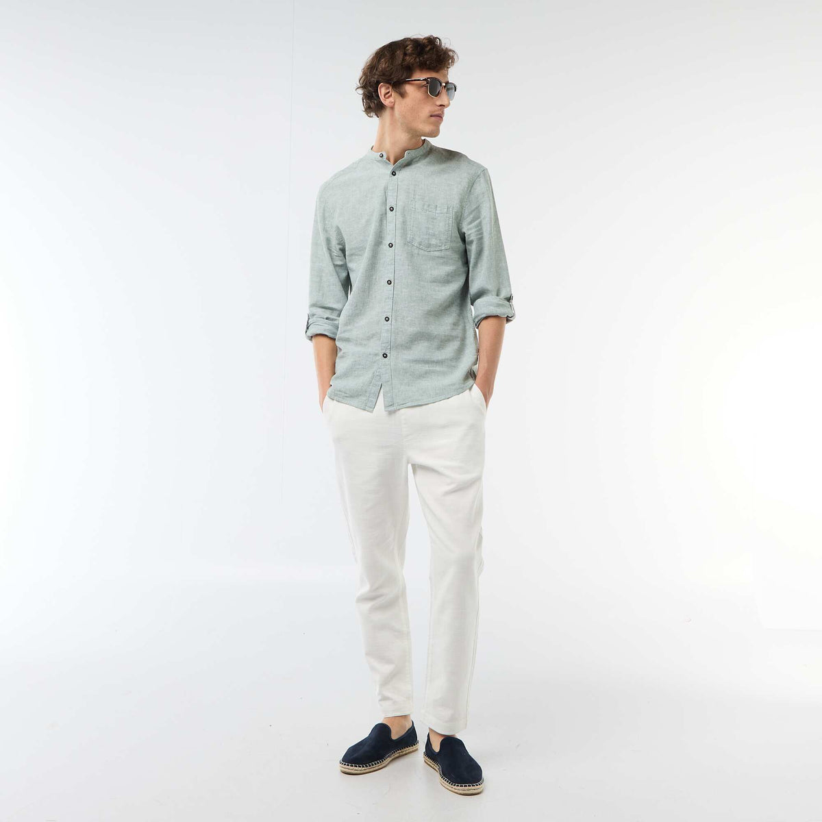 Camisa con cuello mao de lino VERDE
