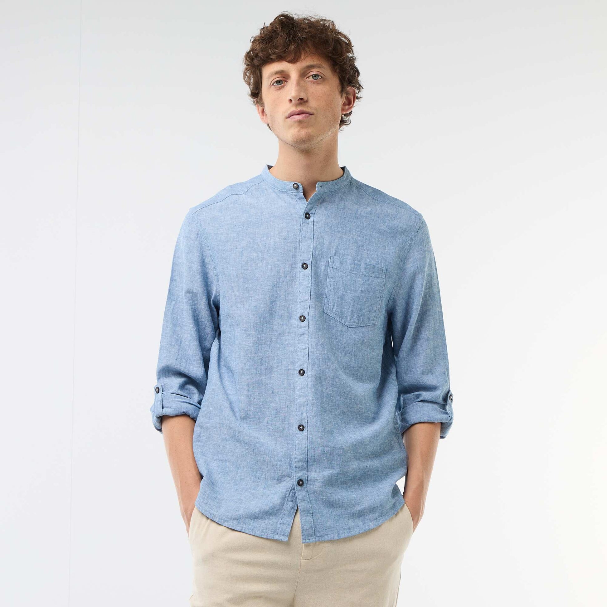 Camisa con cuello mao de lino AZUL