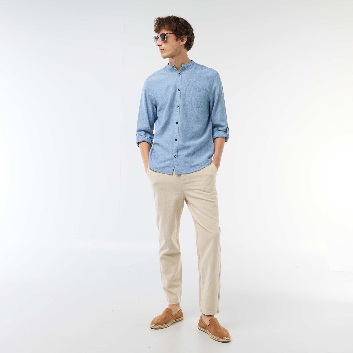 Camisa con cuello mao de lino AZUL
