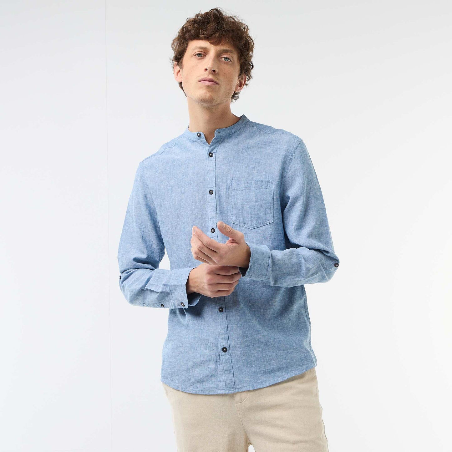 Camisa con cuello mao de lino AZUL