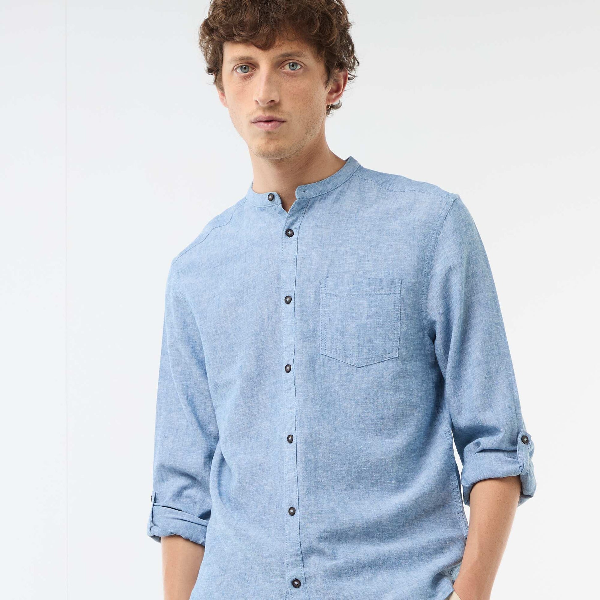 Camisa con cuello mao de lino AZUL