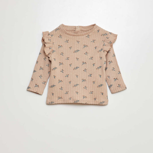 Camiseta de canalé de manga larga con volantes en las sisas BEIGE