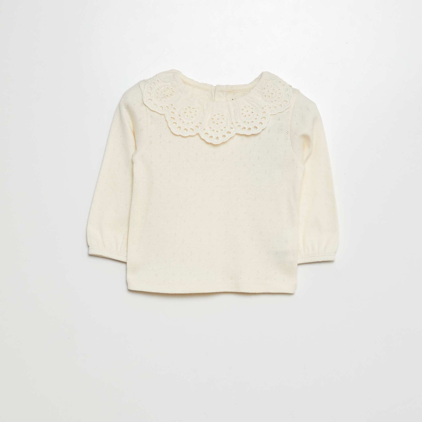 Camiseta de punto con cuello bebé de bordado inglés BLANCO