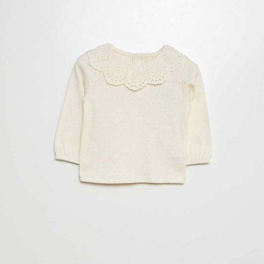 Camiseta de punto con cuello bebé de bordado inglés BLANCO