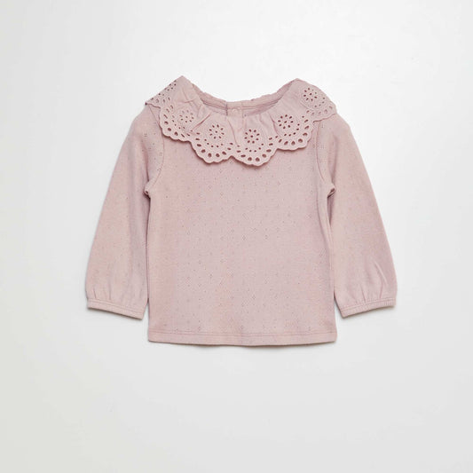 Camiseta de punto con cuello bebé de bordado inglés PURPURA
