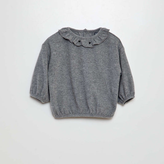 Sweater de punto suave con cuello con volantes GRIS
