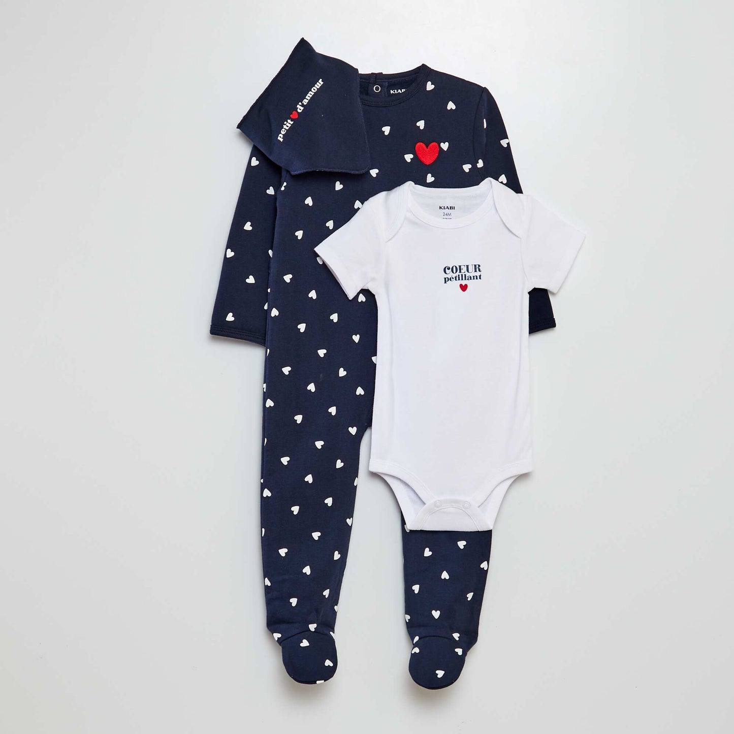 Conjunto de pijama + body + babero - San Valentín AZUL
