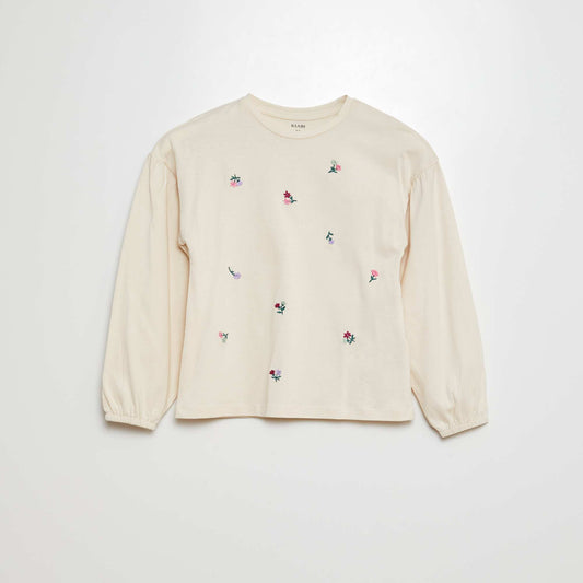 Camiseta con bordado y frunces en las sisas BEIGE