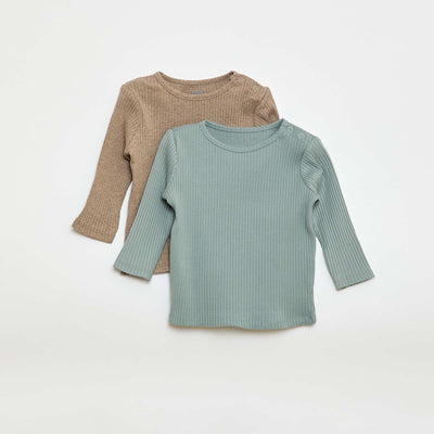 Pack de 2 camisetas lisas de canalé de manga larga BEIGE