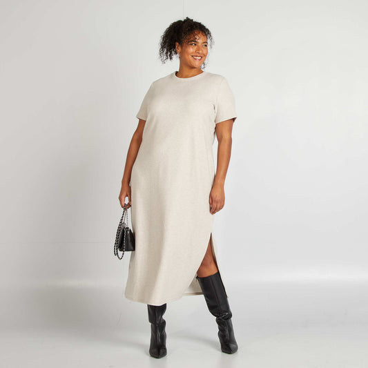Vestido midi de punto de canalé BEIGE
