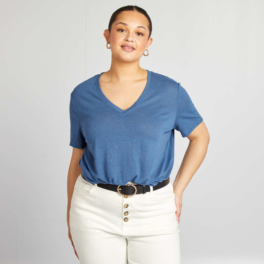 Camiseta de mezcla de lino con cuello de pico AZUL