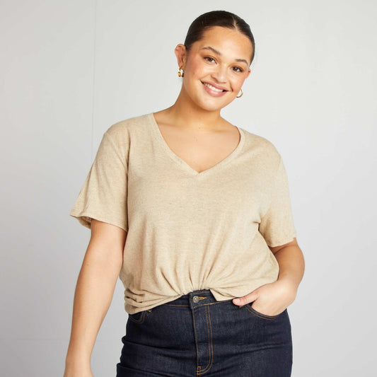 Camiseta de mezcla de lino con cuello de pico BLANCO