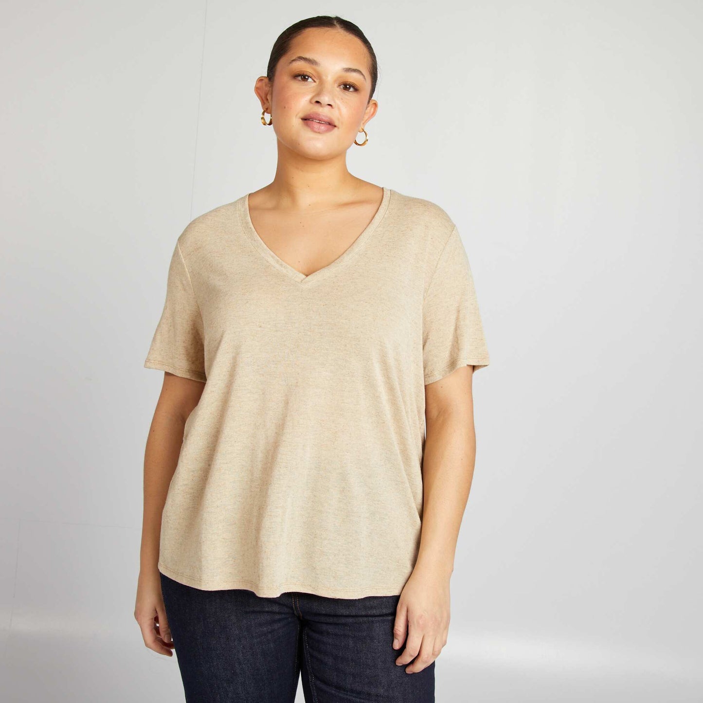 Camiseta de mezcla de lino con cuello de pico BLANCO