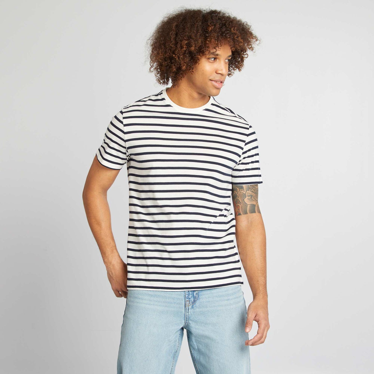 Camiseta de rayas de manga corta con cuello redondo BLANCO