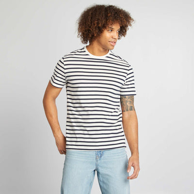 Camiseta de rayas de manga corta con cuello redondo BLANCO