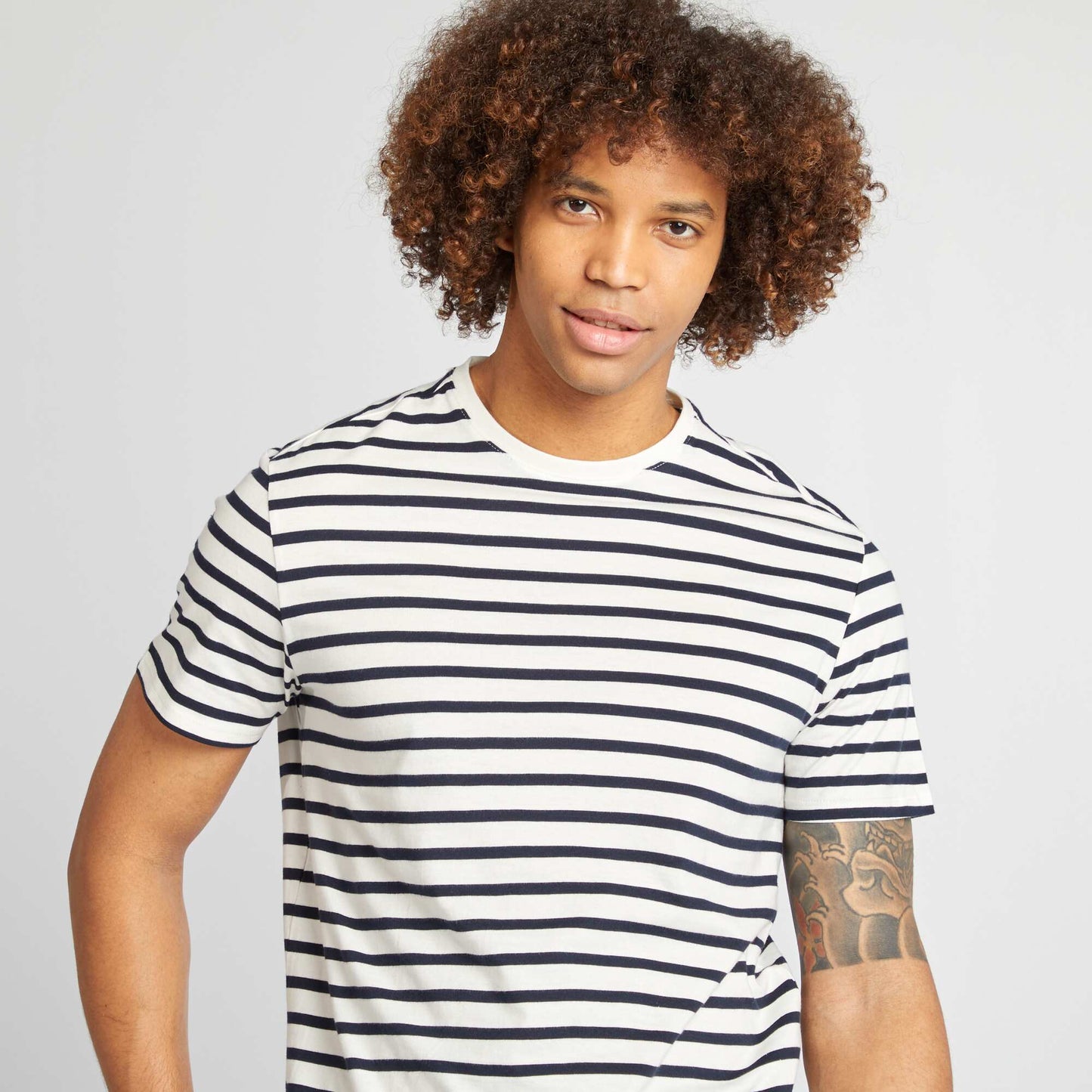 Camiseta de rayas de manga corta con cuello redondo BLANCO