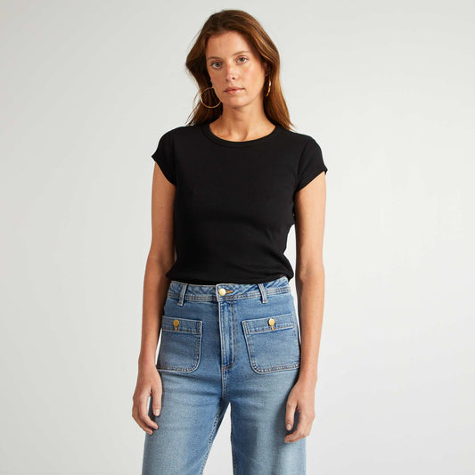 Camiseta de manga corta de punto de canalé NEGRO