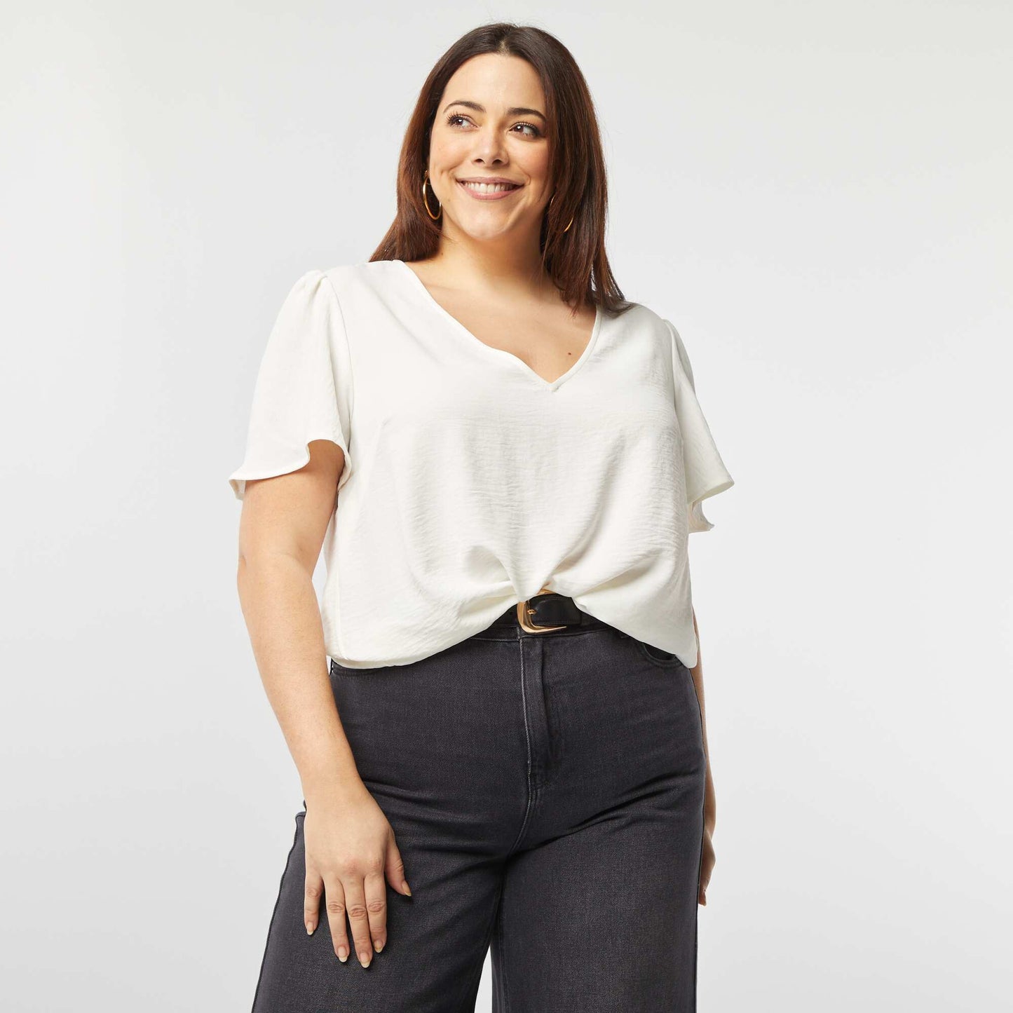 Blusa lisa de manga corta BLANCO