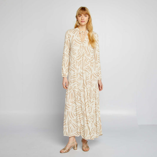 Vestido largo estampado con cuello panadero BEIGE