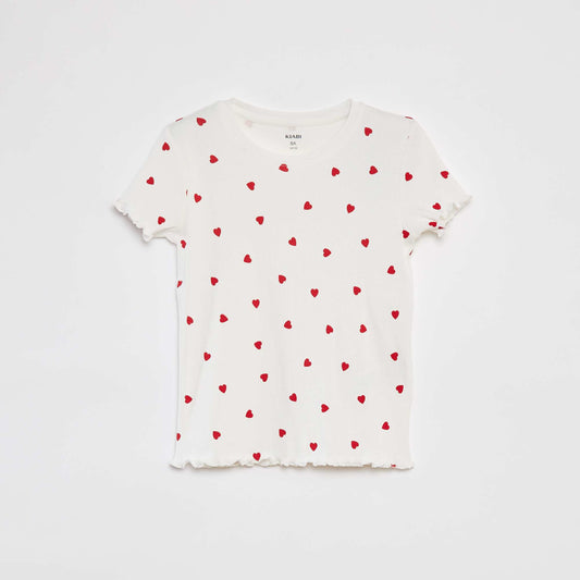 Camiseta de canalé con bordes ondulados y estampados BLANCO