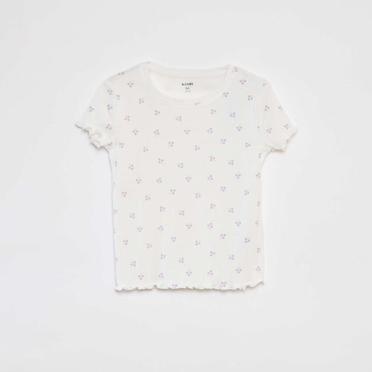 Camiseta de canalé con bordes ondulados y estampados BLANCO