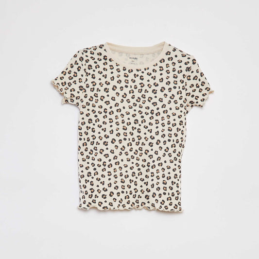 Camiseta de canalé con bordes ondulados y estampados BEIGE
