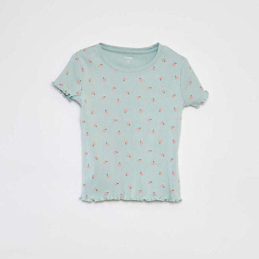 Camiseta de canalé con bordes ondulados y estampados VERDE