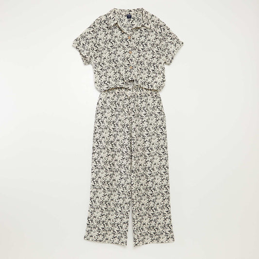 Conjunto de camiseta + pantalón vaporoso con estampado de flores - 2 piezas BLANCO