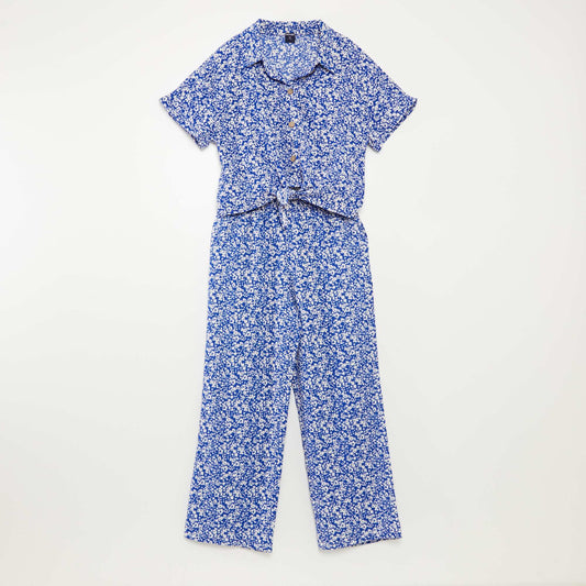 Conjunto de camiseta + pantalón vaporoso con estampado de flores - 2 piezas AZUL