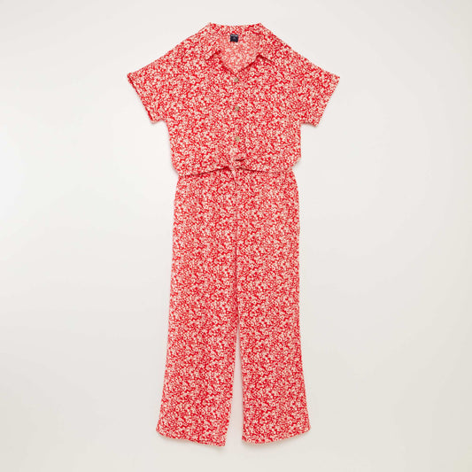 Conjunto de camiseta + pantalón vaporoso con estampado de flores - 2 piezas ROJO