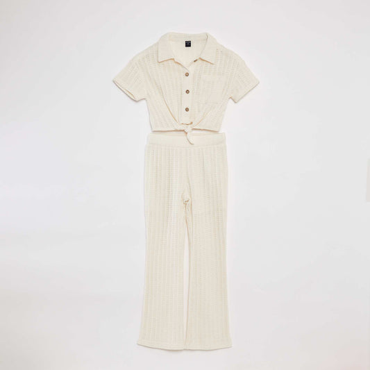 Conjunto de croché con camiseta + pantalón flare - 2 piezas BLANCO
