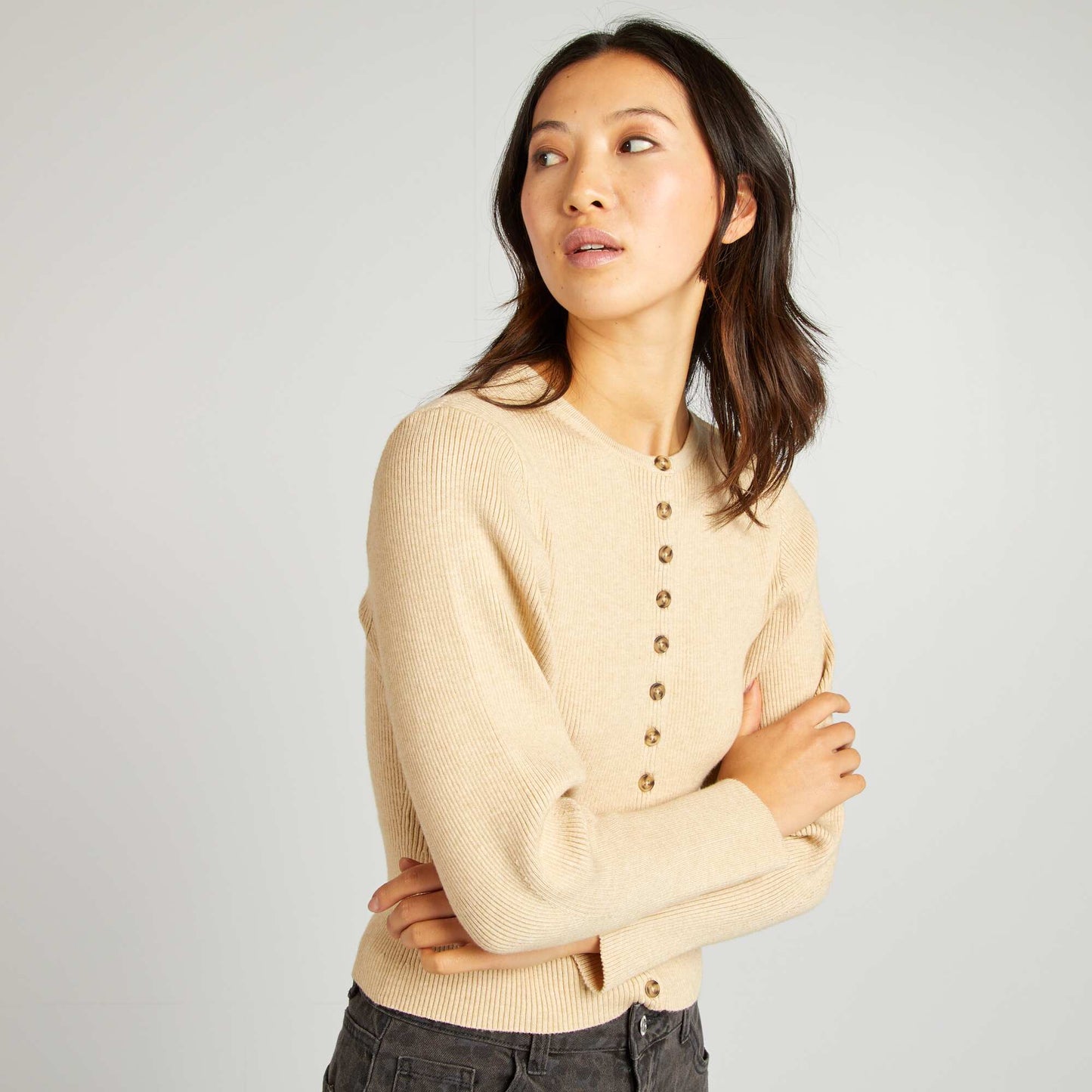 Chaqueta de manga larga de punto de canalé BEIGE