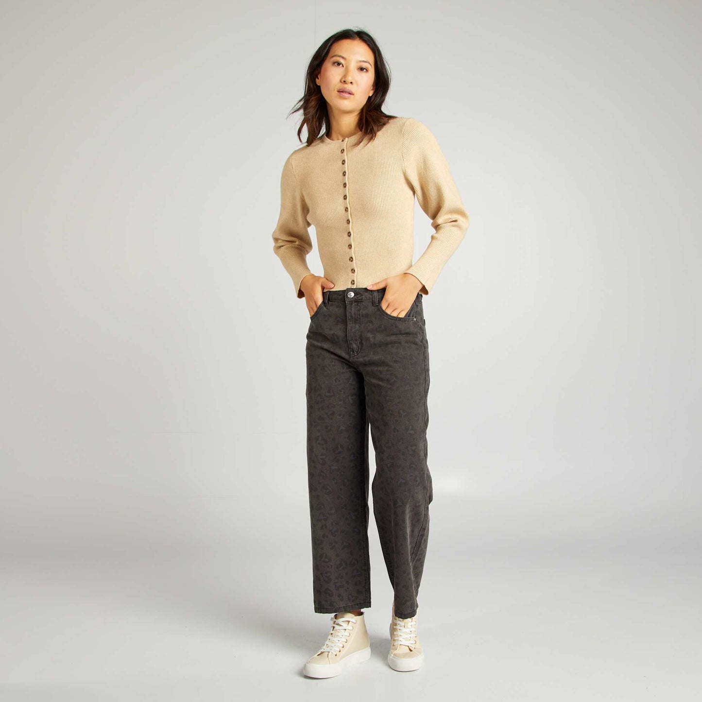 Chaqueta de manga larga de punto de canalé BEIGE