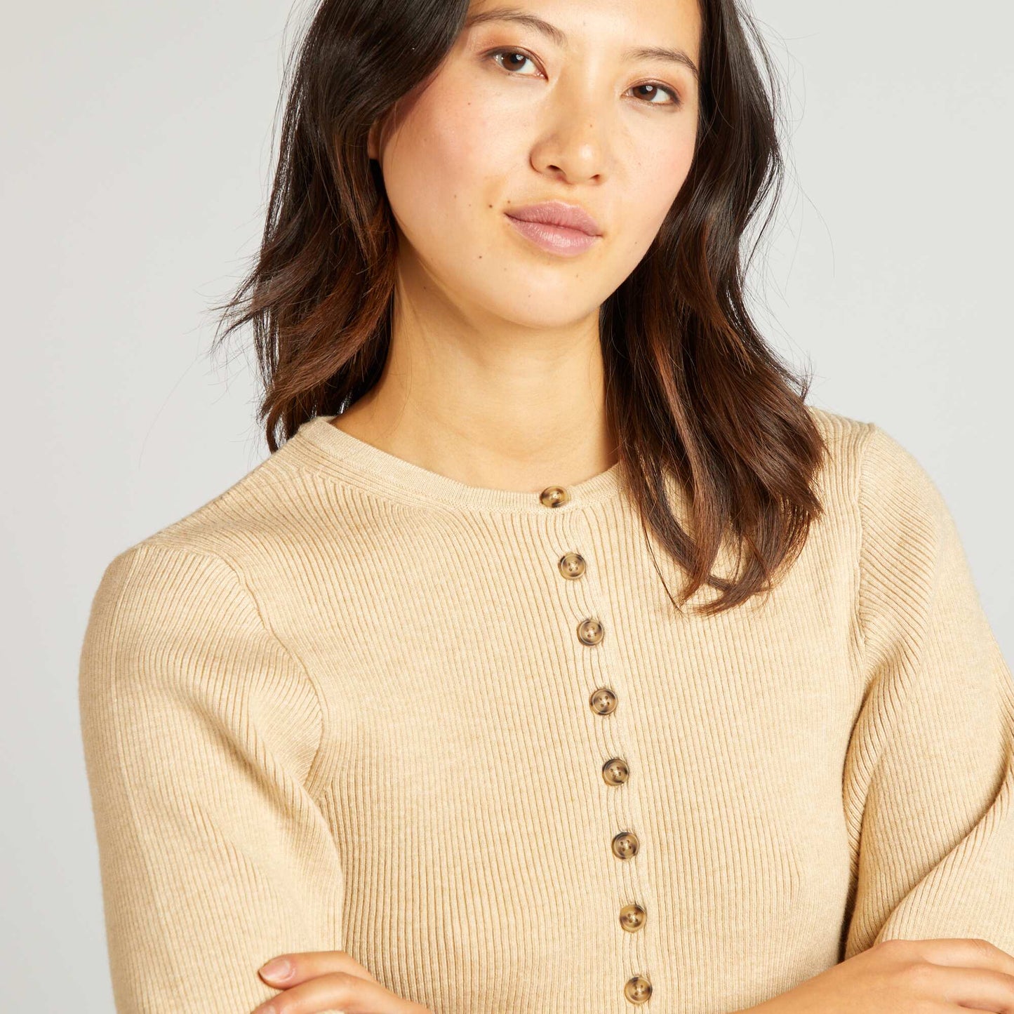Chaqueta de manga larga de punto de canalé BEIGE