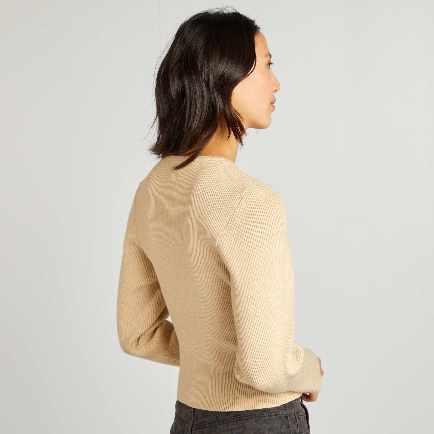 Chaqueta de manga larga de punto de canalé BEIGE
