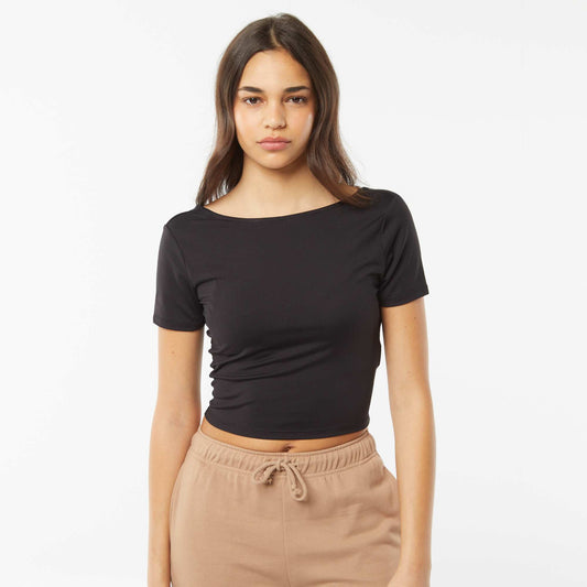 Camiseta cropped de punto elástico con espalda abierta NEGRO