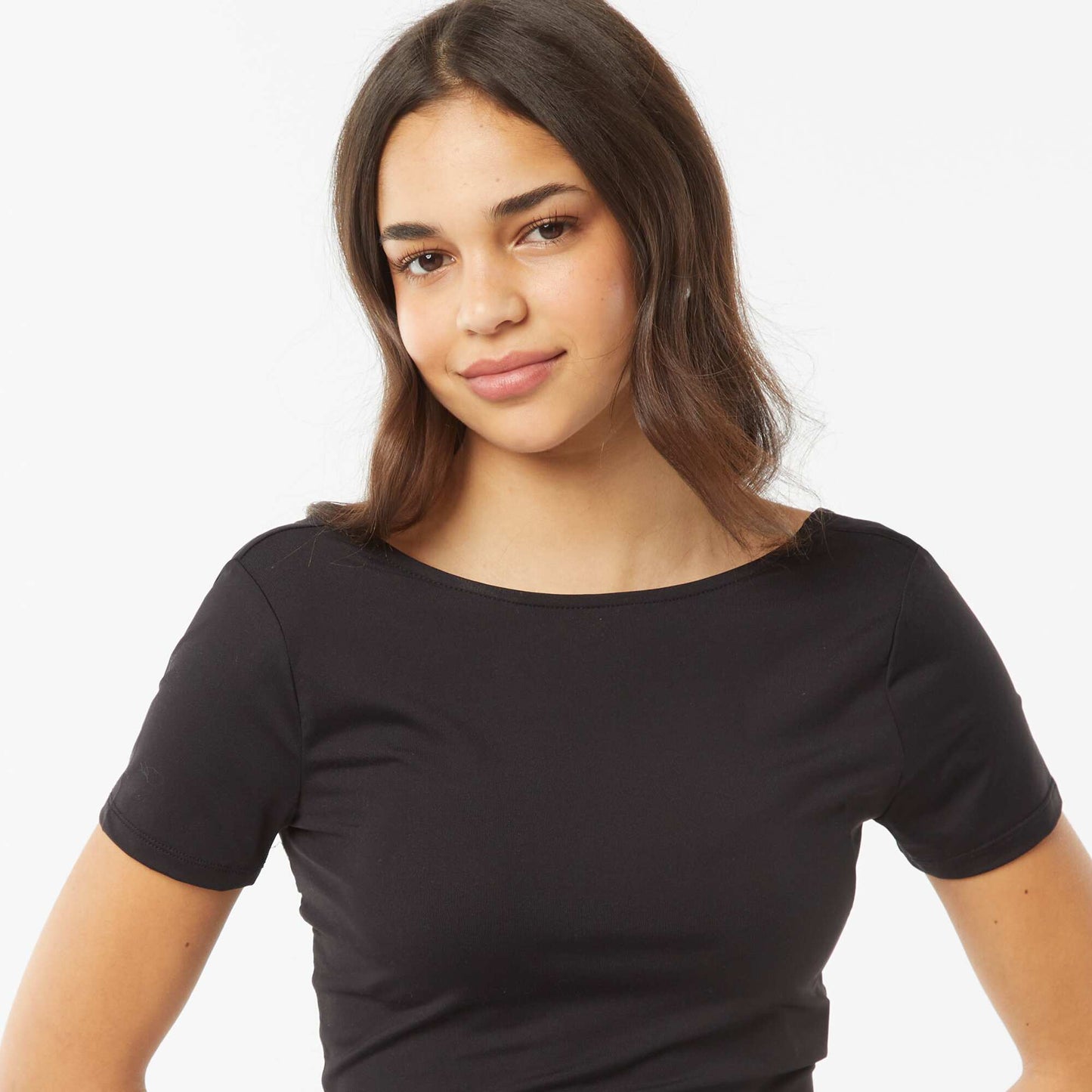 Camiseta cropped de punto elástico con espalda abierta NEGRO